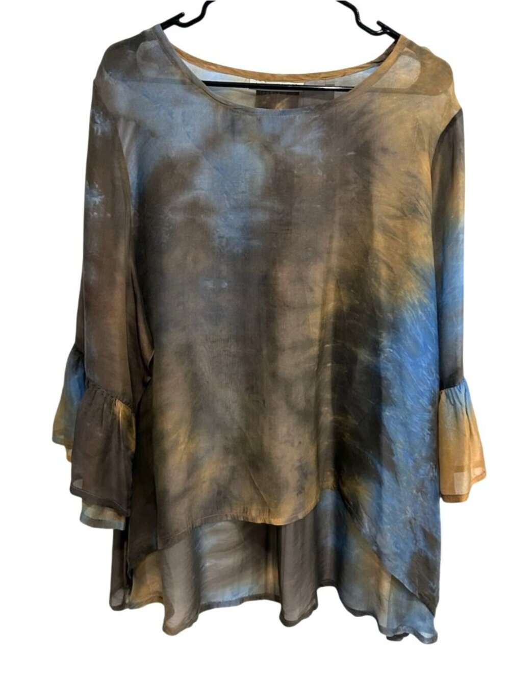 Bryn Walker XL Tie Dye Top Bell Sleeves Sheer Layered Viscose Silk Boho Chic